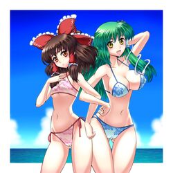  2girls :t absurdres bad_anatomy bikini bow breast_envy breasts brown_eyes brown_hair cameltoe commentary_request frog_hair_ornament green_hair hair_ornament hair_tubes hairbow hakurei_reimu hand_on_own_hip highres kochiya_sanae large_breasts locked_arms long_hair multiple_girls ocean raionsan revision side-tie_bikini_bottom snake_hair_ornament swimsuit touhou underboob wide_hips yellow_eyes 