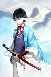  2boys black_hair blue_eyes buttons commentary_request double-breasted earrings haori headband highres horikawa_kunihiro izumi-no-kami_kanesada japanese_clothes jewelry male_focus molly multiple_boys ribbon shinsengumi smile stud_earrings sword touken_ranbu wakizashi weapon 