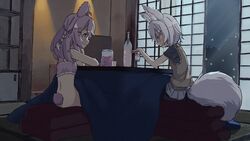  2girls alcohol animal_ears bad_id bad_twitter_id black_shirt blush bottle bottomless bra butt_crack commentary cup drinking english_commentary flat_chest fox_ears fox_girl fox_tail frilled_bra frills grey_hair highres holding holding_cup inactive_account kiirokuma kotatsu multiple_girls no_panties open_mouth phase_connect pink_bra pink_eyes pipkin_pippa purple_eyes rabbit_ears rabbit_girl rabbit_tail shirt sitting skirt smile table tail tenma_maemi tenma_maemi_(1st_costume) underwear vest virtual_youtuber white_skirt yellow_vest 