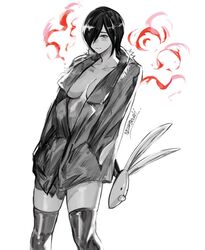  artist_name black_thighhighs blush breasts coat female greyscale hair_over_one_eye hands_in_pocket highres kirishima_touka large_breasts looking_at_viewer mask monochrome rabbit_mask solo thighhighs thighs tokyo_ghoul white_background yourfreakyneighbourh 