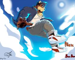  2023 alexei_zoloto anthro artist_name bear beard black_clothing black_footwear black_socks blue_clothing blue_jacket blue_sky blue_topwear brown_bear brown_body brown_eyes brown_fur brown_hair character_name claws clothing cloud dog_tags facial_hair finger_claws footwear fur hair hi_res jacket jewelry jumping khaki_pants looking_at_viewer male mammal multicolored_body multicolored_fur necklace pawpads regulartiger shirt shoes sky sneakers socks solo sun tan_body tan_fur topwear twitter_handle two_tone_body two_tone_fur ursine white_clothing white_shirt white_topwear 