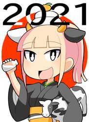  2021 :d alternate_hair_length alternate_hairstyle animal_ears black_eyes black_kimono blonde_hair blunt_bangs bottle carrying carrying_under_arm chibi chinese_zodiac commentary cow_ears fake_animal_ears female food food_on_head fruit fruit_on_head grey_background hand_up happy holding holding_bottle hospital_king japanese_clothes katou_asuka kimono long_sleeves looking_at_viewer mandarin_orange milk milk_bottle obi object_on_head open_mouth ponytail red_background sash short_hair smile solo stuffed_cow two-tone_background upper_body watashi_ga_motenai_no_wa_dou_kangaetemo_omaera_ga_warui! wide_sleeves year_of_the_ox yellow_sash 