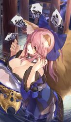  animal_ear_fluff animal_ears anmochi_mochi bare_shoulders blue_kimono blue_ribbon blue_thighhighs breast_press breasts cleavage commentary_request detached_sleeves fate/extra fate_(series) female fox_ears fox_girl fox_tail hair_ribbon highres japanese_clothes kimono large_breasts looking_at_viewer looking_to_the_side looking_up mirror outdoors partially_submerged pink_hair ribbon see-through solo star_(sky) starry_background suiten_nikkou_amaterasu_yanoshisu_ishi tail tamamo_(fate) tamamo_no_mae_(fate/extra) thighhighs yellow_eyes 