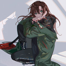  black_footwear brown_hair earrings female glasses green_eyes green_jacket highres hitokoto jacket jewelry looking_at_viewer makinami_mari_illustrious nail_polish neon_genesis_evangelion radio_eva rebuild_of_evangelion red-framed_eyewear red_bag red_nails shadow solo 