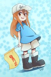  :d artist_name baseball_cap black_footwear blue_background blue_shirt boots brown_eyes female flag full_body hat hataraku_saibou holding holding_flag long_hair looking_at_viewer open_mouth photoshop_(medium) platelet_(hataraku_saibou) shirt short_sleeves shorts simple_background smile solo specterwhite standing white_hat 