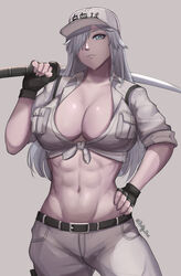  abs baseball_cap black_gloves blue_eyes breast_pocket breasts collared_coat cowboy_shot employee_uniform female fingerless_gloves flat_cap fluffydus front-tie_top gloves hair_over_one_eye hat hataraku_saibou hataraku_saibou_black highres katana large_breasts long_hair muscular muscular_female navel over_shoulder pale_skin pants pocket solo standing sword sword_over_shoulder u-1196 uniform very_long_hair weapon weapon_over_shoulder white_blood_cell_(hataraku_saibou) white_hair white_pants white_uniform 