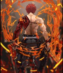  1boy bad_id bad_twitter_id bare_back blurry depth_of_field emiya_shirou facing_away fate/grand_order fate_(series) fire from_behind holding holding_weapon igote kdm_(ke_dama) male_focus median_furrow pants red_hair senji_muramasa_(fate) solo standing sword toned toned_male topless_male weapon wristband 