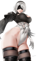  2b_(nier:automata) artist_name black_blindfold black_footwear black_gloves black_hairband black_leotard black_thighhighs blindfold breasts cleavage cleavage_cutout closed_mouth clothing_cutout commentary_request covered_eyes cowboy_shot easonx facing_viewer feathers female gloves grey_hair hairband highleg highleg_leotard highres juliet_sleeves large_breasts leotard long_sleeves mole mole_under_mouth nier:automata nier_(series) puffy_sleeves short_hair simple_background solo thighhighs two-tone_leotard variant_set white_background white_leotard 