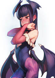  animal_print ataruman bare_shoulders bat_print bat_wings black_hair black_leotard blunt_bangs blush bridal_gauntlets brown_eyes cleavage_cutout closed_mouth clothing_cutout commentary_request cosplay cowboy_shot ear_blush embarrassed female frown head_wings high_score_girl highres leotard long_hair looking_away low_wings morrigan_aensland morrigan_aensland_(cosplay) nose_blush off_shoulder oono_akira own_hands_together pantyhose photoshop_(medium) print_pantyhose purple_hair purple_pantyhose simple_background solo vampire_(game) white_background wings 