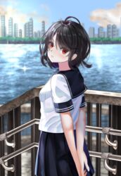  ahoge black_hair blue_skirt blue_sky building cityscape cloud day female highres mitsu336 original outdoors pleated_skirt red_eyes school_uniform serafuku shirt short_hair short_sleeves skirt sky solo water white_shirt 