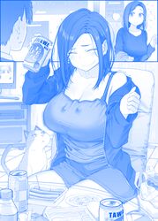  1boy alcohol animal_ears bag bangs beer beer_can blue_theme bottle breasts camisole can cat_ears cat_tail cleavage closed_eyes commentary dvd_player feline female flying_sweatdrops food getsuyoubi_no_tawawa highres himura_kiseki kouhai-chan_(tawawa) large_breasts molcar pui_pui_molcar senpai_(tawawa) shelf short_hair shorts smile sweat sweatdrop swept_bangs tail television translation_request unamused 