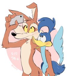  anthro arm_around_neck avian beak bird blue_body brown_body brown_fur canid canine canis cellphone coyote cuculiform duo electronics fur gz8ty holding_cellphone holding_object holding_phone looney_tunes male mammal new_world_ground_cuckoo phone road_runner_(looney_tunes) roadrunner selfie signature simple_background warner_brothers white_eyes wile_e._coyote yellow_beak yellow_eyes 