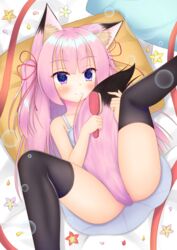  absurdres animal_ear_fluff animal_ears ass bed between_legs black_thighhighs blush brushing_tail camisole female fox_ears fox_tail hair_brush highres legs legs_up long_hair lying on_back original pillow pink_eyes pink_hair ribbon smile solo spread_legs tail tail_between_legs thighhighs thighs two_side_up white_camisole yomi_yoduki 