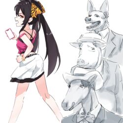  3boys absurdres animal_head animal_print axel_in_harlem_(meme) black_hair camisole commentary dog_head english_commentary hand_on_own_hip highres holding holding_phone horse_head idolmaster idolmaster_cinderella_girls implied_bestiality jewelry leopard_print long_hair looking_back matoba_risa meme multiple_boys necklace phone pig_head print_ribbon ribbon skirt sstthei twintails white_background white_skirt yellow_eyes 