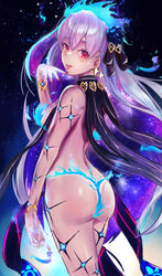  absurdres ass back bare_shoulders blue_fire blue_hair blush body_markings bracelet breasts earrings fate/grand_order fate_(series) female fire flower grey_hair hair_flower hair_ornament hair_ribbon highres jewelry kama_(fate) kama_(swimsuit_avenger)_(fate) kama_(swimsuit_avenger)_(third_ascension)_(fate) klash large_breasts long_hair looking_at_viewer looking_back lotus multicolored_hair night night_sky red_eyes revealing_clothes ribbon sky smile solo star_(sky) star_(symbol) star_earrings starry_sky thighs tongue tongue_out two-tone_hair 