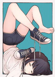  1ssakawaguchi =_= absurdres aqua_background arched_back ass back barefoot black_hair blue_footwear blue_shorts blush border closed_eyes closed_mouth clothes_lift commentary converse cross-laced_footwear denim denim_shorts feet female flat_ass flexible folded full_scorpion highres ichika_(1ssakawaguchi) legs legs_over_head legs_up light_blush original outside_border shirt shirt_lift shoes short_hair short_shorts shorts simple_background single_shoe sneakers soles solo symbol-only_commentary t-shirt toes untied untied_footwear upside-down wavy_mouth white_border white_shirt 