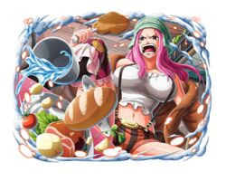  bread brown_jacket cup female food game_cg jacket jewelry_bonney long_hair meat midriff navel official_art one_piece one_piece_treasure_cruise open_mouth piercing pink_hair shirt solo teeth tomato water white_shirt 