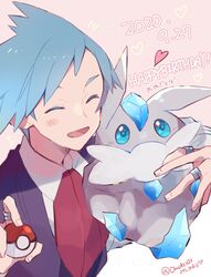  1boy :d blue_hair blush carbink closed_eyes collared_shirt commentary_request dated hands_up happy_birthday heart highres holding holding_poke_ball holding_pokemon jacket jewelry male_focus misha_(ohds101) necktie open_mouth poke_ball poke_ball_(basic) pokemon pokemon_(creature) pokemon_oras red_necktie ring shirt short_hair smile spiked_hair steven_stone tongue upper_body white_shirt 