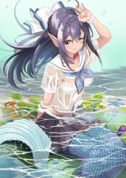  ahoge air_bubble arm_up black_hair blue_neckerchief bow bra brown_eyes bubble commentary_request female grey_skirt hairbow hand_on_own_head highres lace-trimmed_bra lace_trim long_hair manjirou_(manji_illust) mermaid moe2022 monster_girl neckerchief one_eye_closed original partially_submerged pointy_ears sailor_collar scales school_uniform scrunchie see-through serafuku shirt short_sleeves sitting skirt solo underwear water wet wet_clothes wet_shirt white_bow white_bra white_sailor_collar wrist_scrunchie wristband 