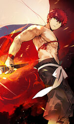  1boy abs bare_pectorals biceps cape embers emiya_shirou fate/grand_order fate_(series) fire highres holding holding_weapon male_focus muscular muscular_male nishiide_kengorou pectorals red_hair senji_muramasa_(fate) solo weapon white_cape wristband yellow_eyes 