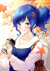  aikatsu! aikatsu!_(series) autumn autumn_leaves bag blue_dress blue_eyes blue_hair blurry blurry_background blush check_commentary close-up collared_shirt commentary_request cup disposable_coffee_cup disposable_cup dress earrings falling_leaves female gem hair_ornament hairpin highres holding holding_cup hoshina_hoshimi jewelry kiriya_aoi leaf lipstick long_hair long_sleeves looking_at_cup makeup maple_leaf maple_tree nail_polish parted_lips pink_lips satchel shirt side_ponytail sidelocks solo tree triangle_hair_ornament upper_body white_shirt yellow_nails 