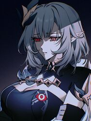  blue_hair breasts cleavage elysia_(honkai_impact) elysia_(miss_pink_elf)_(honkai_impact) female furrowed_brow herrscher_of_corruption highres honkai_(series) honkai_impact_3rd large_breasts long_hair n_7 official_alternate_costume parted_lips pointy_ears red_eyes simple_background solo upper_body 