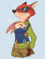  2020 absurd_res anthro baby_carrier bottomwear canid canine clothing disney duo eyewear fennec_fox finnick_(zootopia) fox fur heart_symbol hi_res kuuneho male mammal nick_wilde orange_body orange_fur pacifier pockets red_fox simple_background sleeping sunglasses sweater tan_body tan_fur thumb_in_pocket topwear true_fox zootopia 