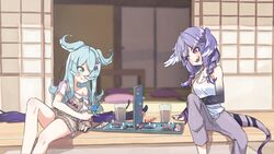  2girls adapted_costume bad_id bad_twitter_id battleship_(game) blue_eyes board_game braid cup dragon_tail elira_pendora elira_pendora_(1st_costume) english_commentary grey_overalls hair_ornament hairclip head_tilt head_wings heterochromia highres inactive_account kiirokuma long_hair looking_down medium_hair multiple_girls nijisanji nijisanji_en off_shoulder open_mouth overall_shorts overalls pants pillow purple_eyes purple_hair purple_pants selen_tatsuki shirt siblings sisters smile tail tank_top twin_braids virtual_youtuber white_shirt white_tank_top wings 