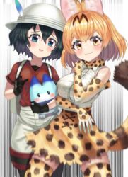  2girls :3 absurdres animal_ears backpack bag bare_shoulders black_gloves black_hair black_pantyhose blonde_hair blue_eyes blush bow bowtie cat_ears cat_girl cat_tail cowboy_shot elbow_gloves gloves hat_feather helmet high-waist_skirt highres kaban_(kemono_friends) kemono_friends lucky_beast_(kemono_friends) multiple_girls neukkom oerba_yun_fang orange_bow orange_bowtie pantyhose pith_helmet print_bow print_bowtie print_gloves print_skirt print_thighhighs red_shirt serval_(kemono_friends) serval_print shirt short_hair short_sleeves shorts skirt sleeveless t-shirt tail thighhighs traditional_bowtie two-tone_bowtie white_bow white_bowtie white_shirt white_shorts yellow_eyes zettai_ryouiki 