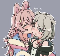  2girls ^_^ animal_ears bad_id bad_twitter_id bear_ears black_jacket blue_jacket bow braid closed_eyes commentary grey_background grey_hair hair_ornament hairbow hood hooded_jacket inactive_account indie_virtual_youtuber jacket kiirokuma kissing kissing_cheek kumagai_chisato long_hair multiple_girls outline phase_connect pink_hair pipkin_pippa pipkin_pippa_(1st_costume) rabbit_ears rabbit_girl rabbit_hair_ornament red_bow short_hair side_braid simple_background star_(symbol) star_hair_ornament virtual_youtuber white_outline yuri 