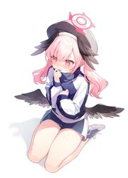  @_@ absurdres angel_wings black_headwear black_wings blue_archive blush female halo head_wings highres koharu_(blue_archive) looking_at_viewer medium_hair open_mouth pink_eyes pink_hair solo thighs twintails wings yunweishukuang 