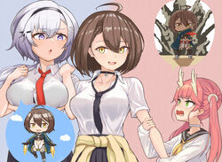  3girls :o a_(yyyaa) ahoge armlock azur_lane baltimore_(after-school_ace)_(azur_lane) baltimore_(azur_lane) beige_cardigan belt black_choker black_hairband black_legwear black_necktie black_sailor_collar black_skirt blue_coat blunt_bangs braid breasts brown_hair button_gap cardigan cardigan_around_waist center_opening choker cleavage clothes_around_waist clothing_cutout coat collarbone collared_shirt commentary_request cowboy_shot dragon_girl dragon_horns explosion french_braid garter_straps green_eyes grey_background grey_hair hair_between_eyes hair_ornament hairband hairclip henshin_pose highres hood hood_down hooded_coat horns iron_man_(series) kamen_rider kamen_rider_(1st_series) large_breasts long_hair long_sleeves looking_at_another loose_necktie low_ponytail marvel metal_gloves multicolored_coat multiple_girls navel neckerchief necktie oerba_yun_fang official_alternate_costume open_mouth parted_hair partially_unbuttoned pink_background pink_hair pleated_skirt pose purple_eyes red_necktie reno_(azur_lane) rudder_footwear ryuujou_(azur_lane) ryuujou_(dragon_hunter:_ryuujou&#039;s_rise)_(azur_lane) sailor_collar school_uniform serafuku shirt short_hair short_sleeves sidelocks simple_background skin_fang skirt smile standing stomach_cutout thighhighs thrusters twintails two-tone_background underboob underboob_cutout upper_body white_cardigan white_choker white_shirt yellow_eyes yellow_neckerchief 