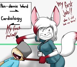  2023 anthro blue_clothing blue_shirt blue_topwear breasts canid canine clothed clothing creepy_smile crowbar dialogue dipstick_ears duo ear_markings english_text female fennec_fox fox fur gloves_(marking) hair head_stuck human leaning leaning_forward looking_at_viewer male mammal markings medium_breasts morfy_(sandwich-anomaly) multicolored_body multicolored_ears multicolored_fur multicolored_hair open_mouth pan pink_eyes red_body red_fur red_hair sandwich-anomaly shirt smile stuck text tools topwear true_fox two_tone_body two_tone_fur two_tone_hair white_body white_fur white_hair 