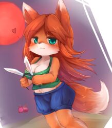  animal_ears blue_shorts blush breasts brown_hair cleavage commentary_request crop_top fake_animal_ears female flying_pig fox_ears fox_girl fox_tail furry furry_female green_eyes green_tank_top hairband heart highres long_hair midriff money_trough_(terraria) moon oerba_yun_fang rabbit_ears red_moon shorts smile solo sunapua tail tank_top terraria zoologist_(terraria) 