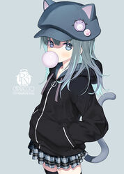  badge bat_(animal) black_thighhighs blowing_bubbles blue_eyes capriccio cat_tail chewing_gum commentary cowboy_shot drawstring female green_hair grey_background grey_hair hair_between_eyes hands_in_pockets hat hat_with_ears hood hood_down hooded_jacket jacket long_hair long_sleeves looking_at_viewer multicolored_hair original plaid plaid_skirt pleated_skirt simple_background skirt solo tail thighhighs 