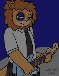  2022 anthro artist_name black_bottomwear black_clothing black_eye_(injury) black_necktie black_pants bottomwear bruised clothed clothing digital_media_(artwork) felid frown fully_clothed fur guitar hair half-closed_eyes hi_res lion loppear_link male mammal mane matt_(scratch21) musical_instrument narrowed_eyes necktie orange_hair orange_mane outline pantherine pants plucked_string_instrument sad scratch21 shirt simple_background solo standing string_instrument tan_body tan_fur topwear white_clothing white_shirt white_topwear yellow_body yellow_fur 