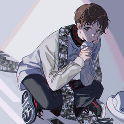  1boy black_footwear black_scarf brown_hair cellphone full_body highres hitokoto ikari_shinji male_focus neon_genesis_evangelion official_alternate_costume on_floor phone print_scarf radio_eva scarf sitting solo white_headwear 