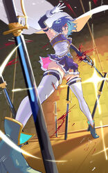  ass_visible_through_thighs blood blood_on_arm blood_on_face blood_on_leg blood_spray blue_eyes blue_hair blue_skirt blurry blurry_foreground cape commentary_request corset cuts detached_sleeves dutch_angle elbow_gloves expressionless female foreshortening from_below gloves hands_up highres holding holding_sword holding_weapon injury legs_apart magical_girl mahou_shoujo_madoka_magica mahou_shoujo_madoka_magica_(anime) miki_sayaka miki_sayaka_(magical_girl) panties pantyshot planted planted_sword pointing_sword pointing_weapon saber_(weapon) short_hair simple_background skirt sleeveless solo standing sword thighhighs thighs torn_clothes torn_thighhighs underwear upskirt weapon white_cape white_corset white_gloves white_panties white_thighhighs wind wind_lift yellow_background yooki_(winter_cakes) 