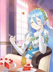  azura_(fire_emblem) blue_hair cake chair closed_eyes detached_sleeves dress eating female fingerless_gloves fire_emblem fire_emblem_fates food fork gloves hair_between_eyes heart highres holding holding_fork igni_tion jewelry long_hair necklace plate sitting strawberry_shortcake table veil very_long_hair white_dress 