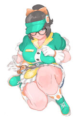  absurdres black-framed_eyewear black_eyes black_hair blush breasts brown_hair collarbone female glasses gloves hair_ornament highres honeydew_mei lamsass large_breasts looking_at_viewer mei_(overwatch) official_alternate_costume overwatch overwatch_1 plump sidelocks simple_background swept_bangs thick_thighs thighs white_background 