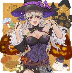  banelon breasts candy castle cleavage commentary corrin_(female)_(fire_emblem) corrin_(female)_(halloween)_(fire_emblem) corrin_(fire_emblem) detached_sleeves earrings female fire_emblem fire_emblem_fates fire_emblem_heroes food ghost grey_hair hair_between_eyes halloween halloween_costume hat highres holding holding_wand jewelry lantern lollipop long_hair long_sleeves looking_at_viewer medium_breasts official_alternate_costume open_mouth pie pointy_ears pumpkin purple_eyes smile solo swirl_lollipop teeth tongue upper_teeth_only wand witch witch_hat 