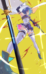  ass_visible_through_thighs blood blood_on_arm blood_on_face blood_on_leg blood_spray blue_eyes blue_hair blue_skirt blurry blurry_foreground cape commentary_request corset cuts detached_sleeves dutch_angle elbow_gloves expressionless female foreshortening from_below gloves hands_up highres holding holding_sword holding_weapon injury legs_apart magical_girl mahou_shoujo_madoka_magica mahou_shoujo_madoka_magica_(anime) miki_sayaka miki_sayaka_(magical_girl) panties pantyshot planted planted_sword pointing_sword pointing_weapon saber_(weapon) short_hair simple_background skirt sleeveless solo standing sword thighhighs thighs torn_clothes torn_thighhighs underwear upskirt weapon white_cape white_corset white_gloves white_panties white_thighhighs wind wind_lift yellow_background yooki_(winter_cakes) 