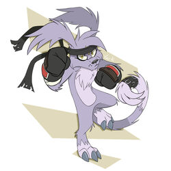  1:1 accessory ambiguous_gender anthro bandai_namco boxing boxing_gloves claws clothing digimon digimon_(species) fur fusion gaomon gazimon grey_body grey_fur handwear headband long_ears looking_at_viewer simple_background solo sport yark-wark yellow_eyes 