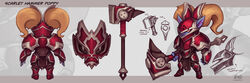  absurdres alternate_costume alternate_hairstyle animal_ears armor artist_name buckler character_name commentary_request concept_art female fewer_digits gauntlets glowing glowing_eyes hammer helmet highres kienan_lafferty league_of_legends multiple_views orange_hair poppy_(league_of_legends) scarlet_hammer_poppy shield turnaround twintails weapon yordle 