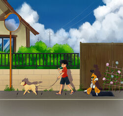  cloud clouds dog_walking fence highres house ikki_tenryou medarot medarot medarots metabee power_lines road salty_(dog) sandals sky street tenryou_ikki walking 