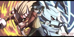  2boys agnimon bad_id bad_pixiv_id black_hair blue_eyes brown_hair digimon digimon_(creature) digimon_frontier fire goggles goggles_on_head hajime_(hajime-ill-1st) helmet jacket kanbara_takuya letterboxed minamoto_kouji multiple_boys red_eyes split_screen split_theme wolfmon 