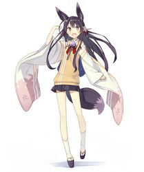  animal_ear_fluff animal_ears black_hair blush commentary_request detached_sleeves female flower fox_ears fox_tail hair_flower hair_ornament happy japanese_clothes kuromitsu_nene long_hair miniskirt oerba_yun_fang open_mouth original poco_(asahi_age) sandals skirt smile socks solo tail walking white_background wide_sleeves yellow_eyes 