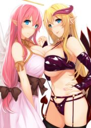  2girls :p angel angel_and_devil angel_wings bandeau billion_(billion0103) blonde_hair blue_eyes blush bow breast_press breasts choker cleavage commentary_request contrast demon_girl demon_horns demon_tail demon_wings detached_sleeves dress earrings garter_straps hairbow halo horns huge_breasts jewelry long_hair low-tied_long_hair multiple_girls navel o-ring pink_hair pointy_ears revealing_clothes strapless symmetrical_docking tail thighhighs tongue tongue_out underboob wings 