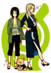  2girls alternate_eye_color bare_legs black_eyes black_hair blonde_hair breasts collarbone commentary_request cosplay costume_switch facial_mark fishnets flat_chest forehead_mark green_eyes grey_kimono high_heels japanese_clothes kimono konohagakure_symbol large_breasts long_hair low_twintails mature_female multiple_girls naruto naruto_(series) obi pig sash shio_(syokupan) shizune_(naruto) short_eyebrows short_hair simple_background sleeves_past_wrists standing tonton_(naruto) tsunade_(naruto) twintails white_background 