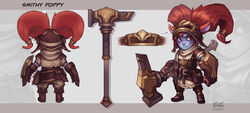  alternate_costume alternate_hairstyle animal_ears artist_name blacksmith_poppy buckler character_name commentary_request concept_art female fewer_digits gloves goggles goggles_on_head hair_ornament hammer helmet highres kienan_lafferty league_of_legends multiple_views oerba_yun_fang photoshop_(medium) poppy_(league_of_legends) red_eyes red_hair shield tool_belt turnaround twintails weapon yordle 